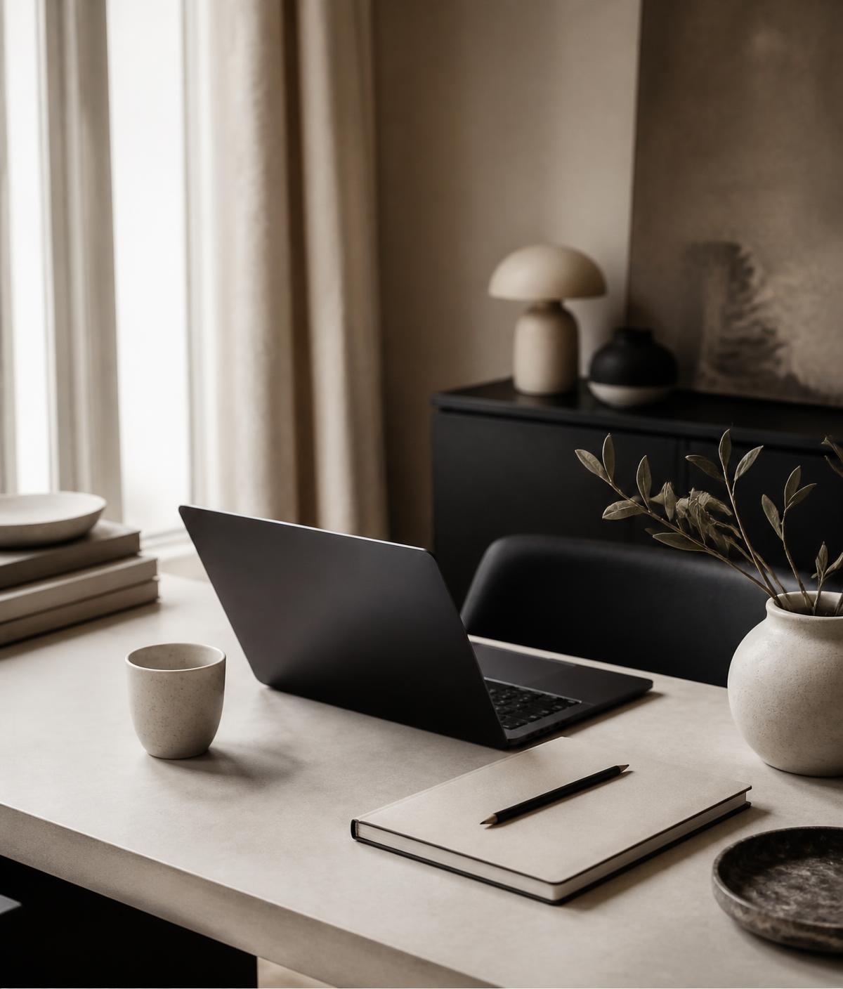 A calm, minimal studio desk where The Launch Suite builds client systems